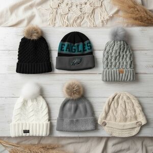 6‑Pack Cozy Winter Hat Bundle – Neutrals, Pom Poms & Eagles – One Size